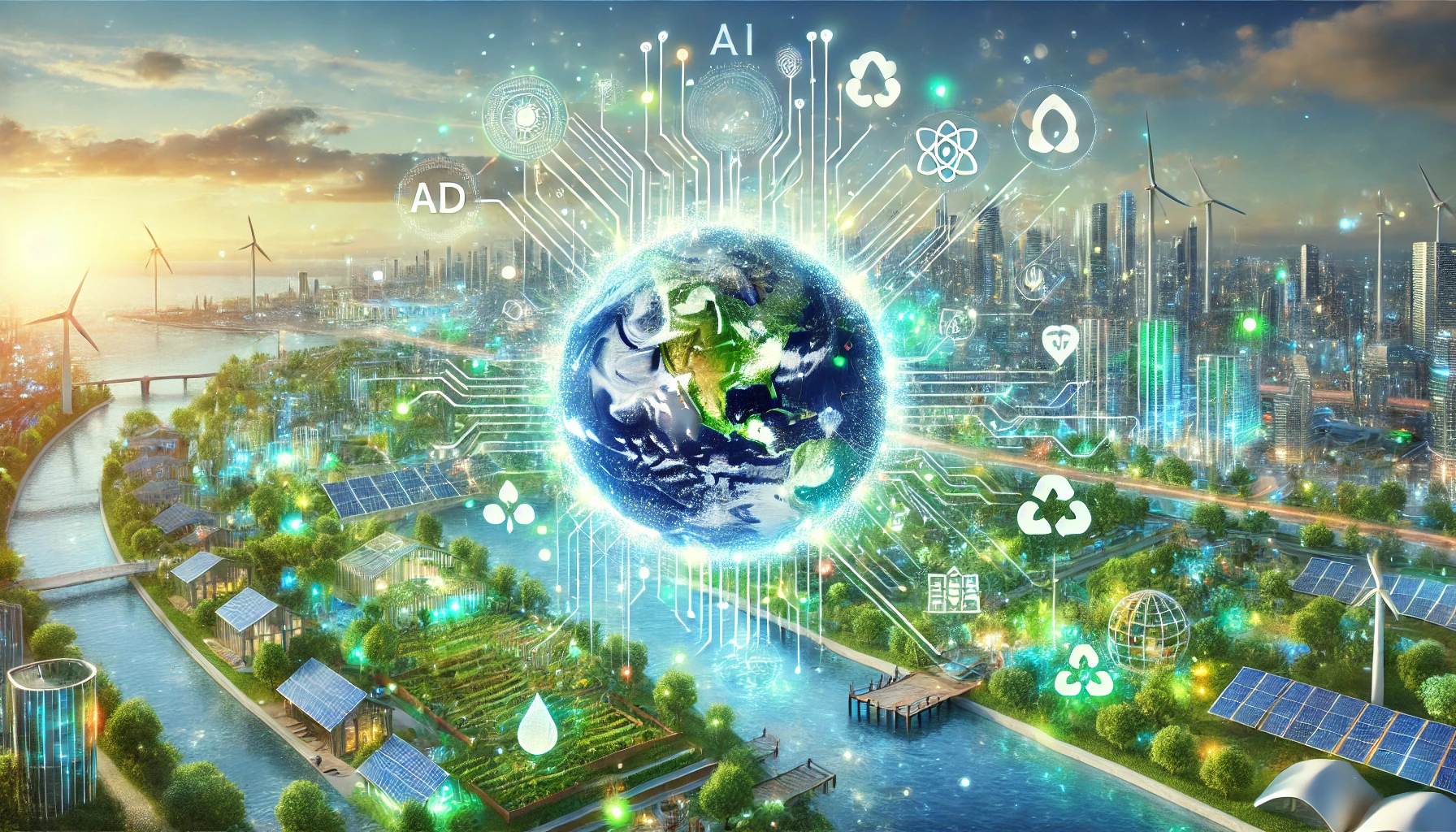 DALL·E 2025-01-09 12.37.15 - A digital artwork symbolizing 'AI for Environmental Protection and Climate Action,' featuring a futuristic holographic Earth composed of interconnecte